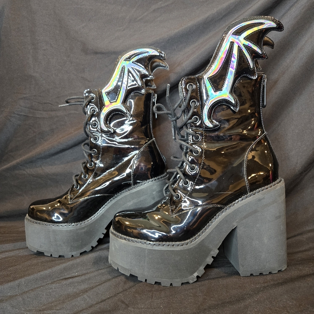 Holographic Black Platform Bat Wing Boots